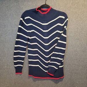 Crown Ivy Blue White Red Striped Mock Neck Knit‎ Sweater Size Small
